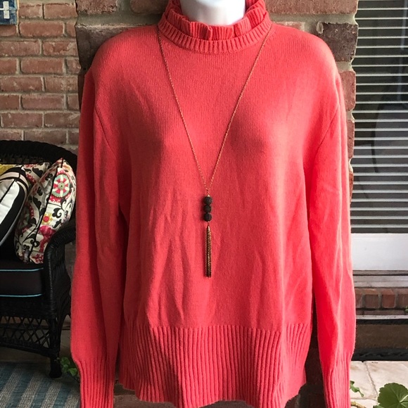J. CREW Wool Blend Ruffle Neck Sweater Brilliant Coral Large NWT - Picture 2 of 8